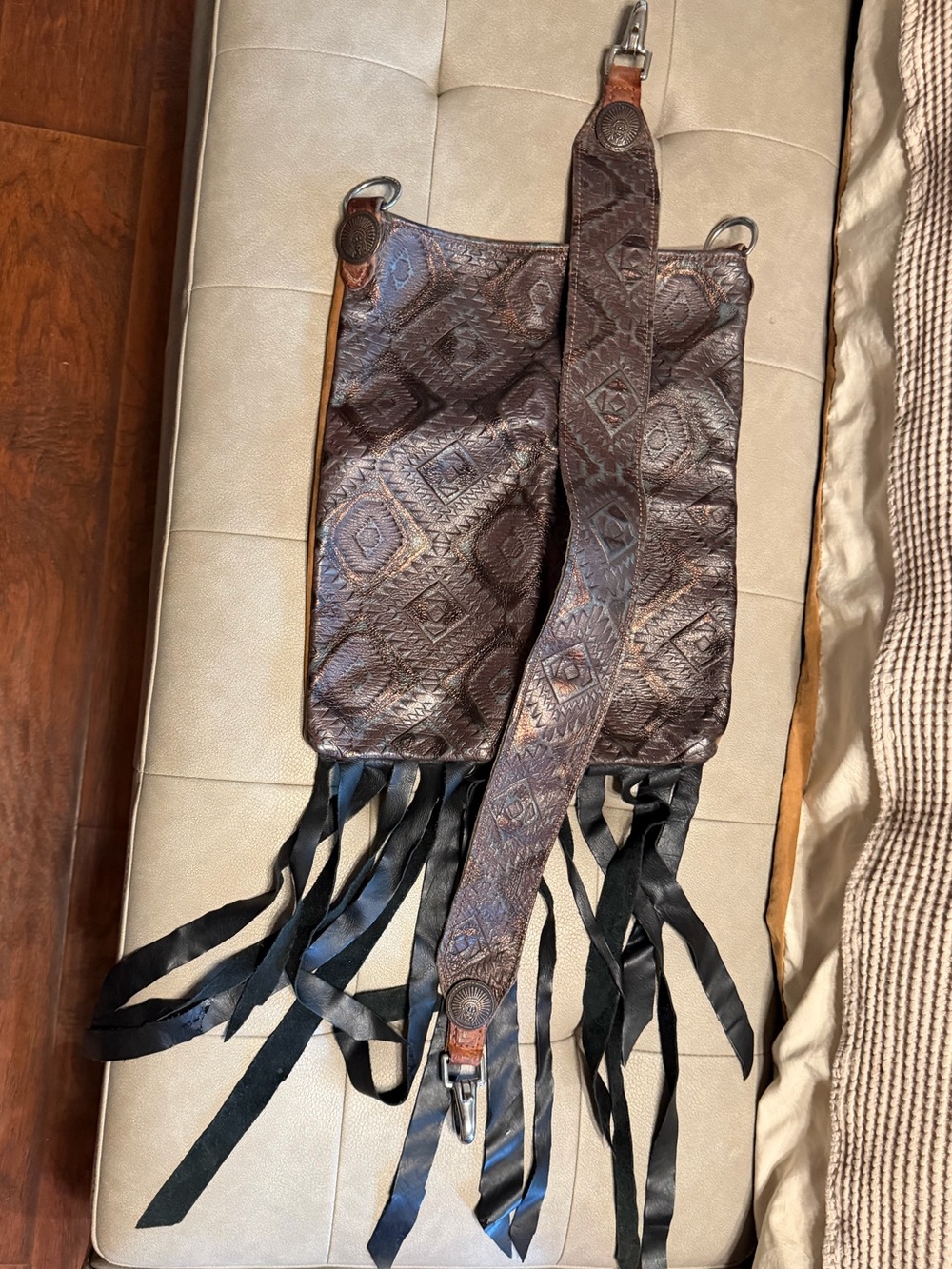 Brown Embossed Leather Fringe Crossbody Bag